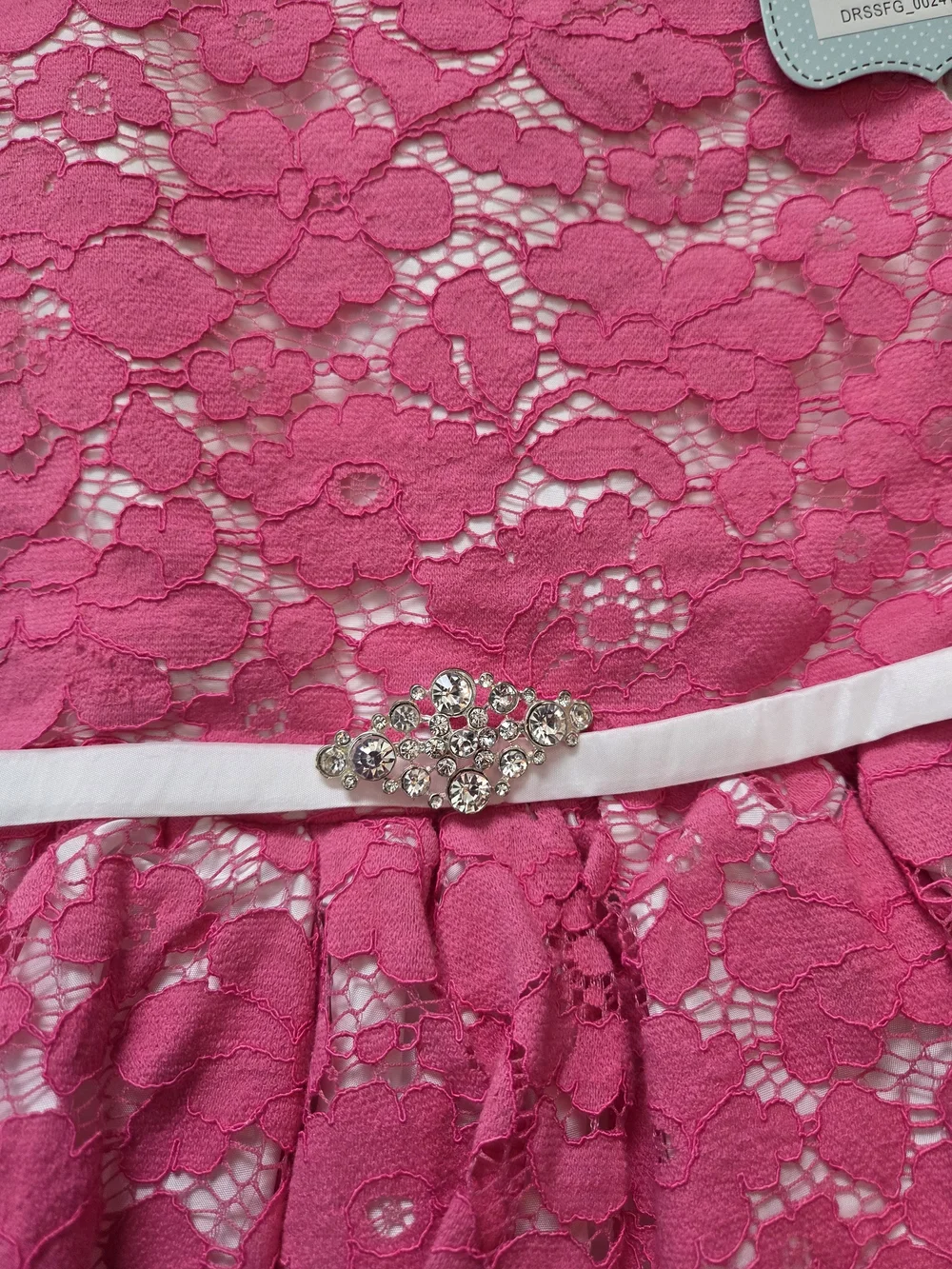 Ya Ya Fairies Hot Pink Floral Lace Princess Dress with Crystal Brooch